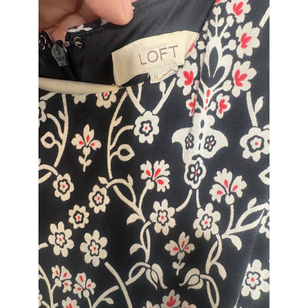 LOFT Floral Sleeveless Fit & Flare Midi Dress Navy White Pink Women's M - Picture 4 of 8